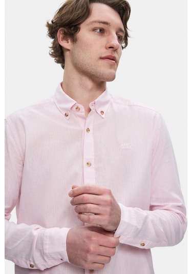 Ucla Jacquez Şeker Pembe Keten Nakışlı Standard Fit Erkek Gömlek Şeker Pembe