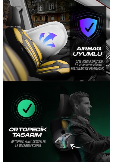 Siyah - Sarı Panda Carlone Serisi Ful Deri Oto Koltuk Kılıfı - Tam Set