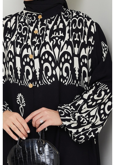 Çilay Düğmeli Dokuma Viskon Elbise 1561 - Siyah Siyah