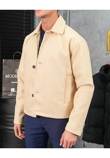 Modefendi Orta Slim Fit Düğme Detaylı Kaşmir Kaban Bej