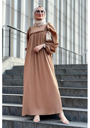 Fırfırlı Robalı Bürümcük Elbise-vizon-1596-vizon Vizon