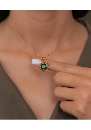 Bayar Gold 14 Ayar Altın Yeşil Güneş Taşlı Kolye Sarı Altın