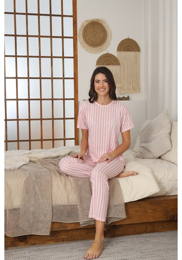 Kadın Yazlık Kısa Kol Penye Süprem Kumaş Pijama Takımı Pembe Çizgili