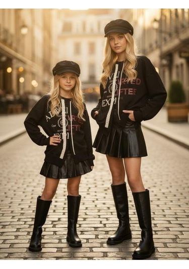 Kız Çocuk Asimetrik Kesim Fermuar Detaylı Oversize Tasarım Sweatshirt-16293 Siyah