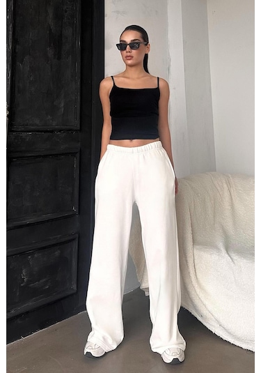 Madmext Beyaz Bol Paça Kadın Eşofman Altı Mg2279 Beyaz