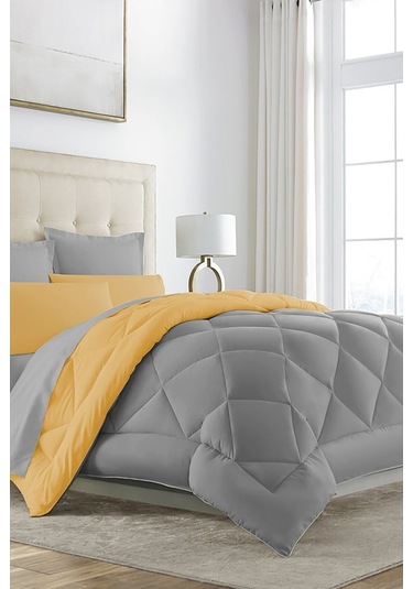 Alla Turca Çift Taraflı Lux Silikon Yorgan - Çift Kişilik Özel Çantalı Sarı-gri