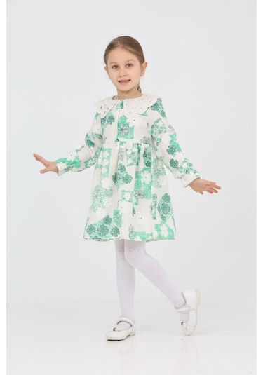 Kız Çocuk Keten Kumaş Dantel Yakalı Elbise 12191 Mint