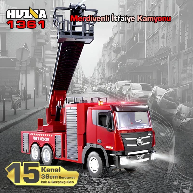 Huına 1361 1/18 15ch Rc Model Uzaktan Kumandalı Merdivenli Yangın Söndürme İtfaiye Kamyonu İş Makinesi -su Püskürtme Fonksiyonlu-2.4g Gerçekçi Similasyon Ses Ve Işık Sistemi