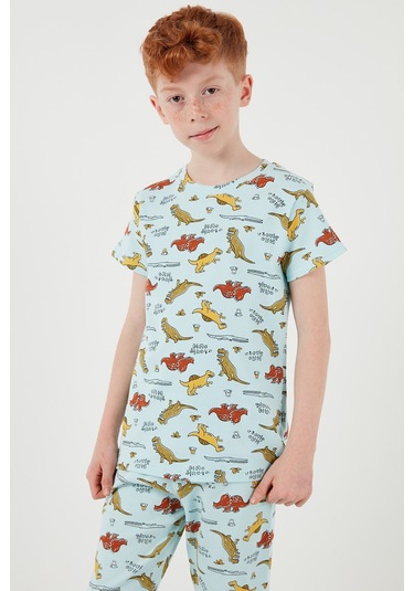 Lela Desenli % 100 Pamuk Bisiklet Yaka Erkek Çocuk Pijama Takımı 6651001 Mint