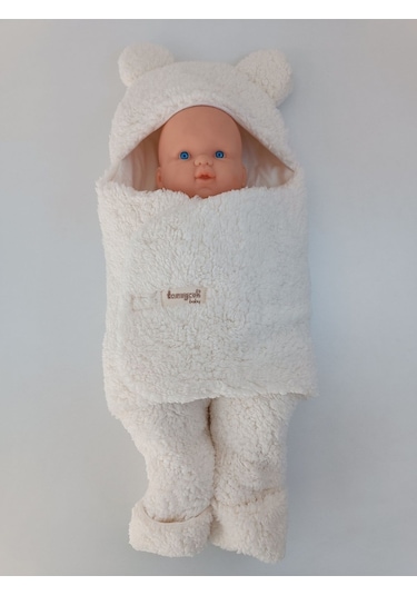 Bebek Dış Kundak Battaniyesi Welsoft Ekstra Uzun Kışlık Peluş Ayakları Açılabilen Uyku Tulumu 0-12ay Ekru