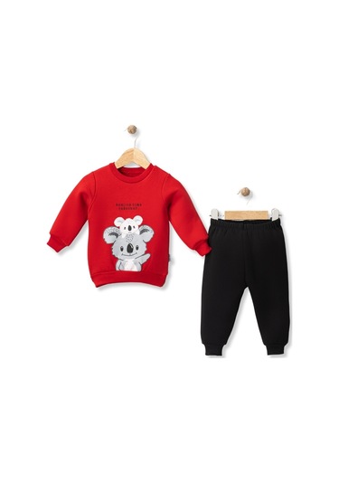 Koala Baskılı Üç İplik Şardonlu Alt Üst Takım Kırmızı