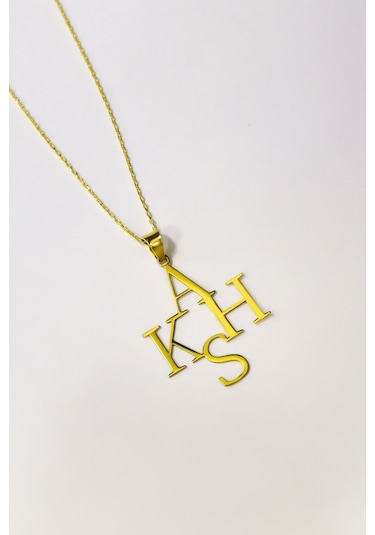 925 Ayar Gümüş Gold Kaplama Çoklu, Dört Harf Plaka Kolye