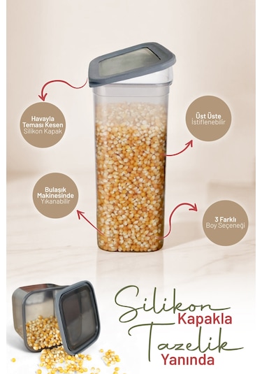 İronika 12'li Sızdırmaz Silikon Kapaklı Etiketli Jumbo Boy 1900 Ml Kare Erzak Bakliyat Saklama Kabı Antrasit Antrasit