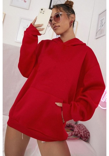 Pamuk Şardonlu Kapüşonlu Sweatshirt Kırmızı
