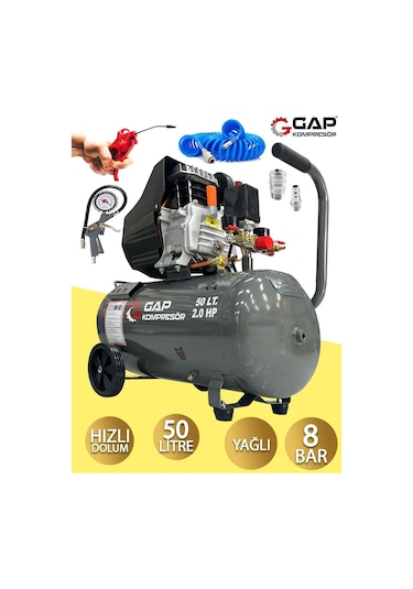 Germany Style Gap 2 Hp Profesyonel Hızlı Motor 50 Lt Hava Kompresörü Setli