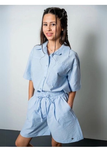 Kız Çocuk Yarım Kollu Gömlek Poplin Şortlu Takım-15809 Mavi