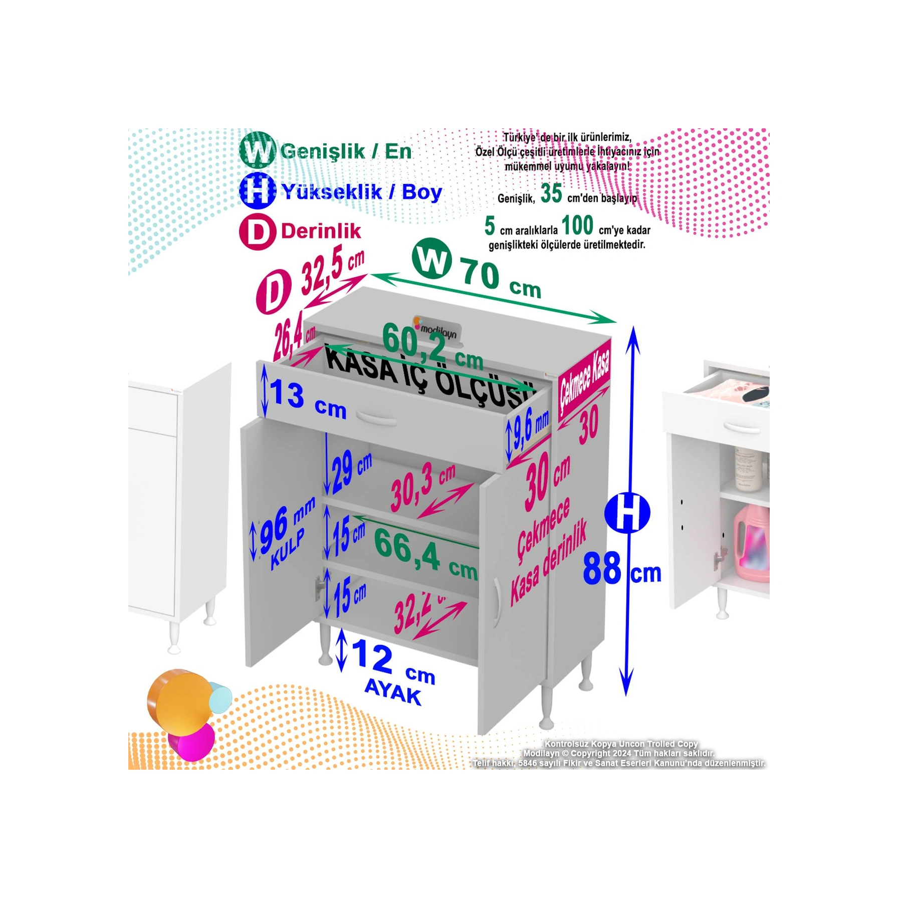 Mira Banyo Ve Mutfak Dolabı Çok Amaçlı Dolap Tek Çekmece 2 Kapak 2 Raf 3 Bölme 70x88x32,5 Cm Beyaz