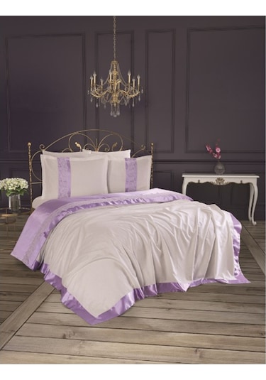 Finezza Beatrice Şönil Kumaş Krem Lila Bantlı Çift Kş. Yatak Örtü Krem