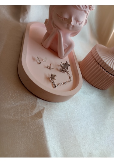 Gümüş Renkli Yıldızlı Kıkırdak Küpe Set