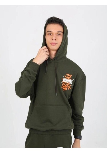 Erkek Çocuk 2 İplik Yazı Detaylı Kapüşonlu Sweatshirt-15232 Haki