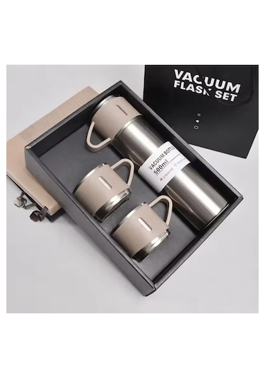 Dekorasyaa Paslanmaz Çelik 3 Bardaklı Termos 500 Ml - Metal Renk - Çanta Hediyeli - 12 Saat Sıcak Soğuk Metalik