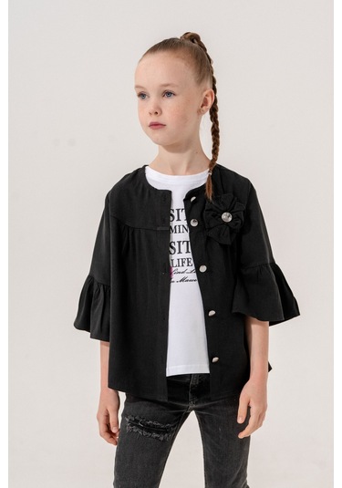 Kız Çocuk Çiçek Gömlekli İkili Kız Takım 3127 Siyah