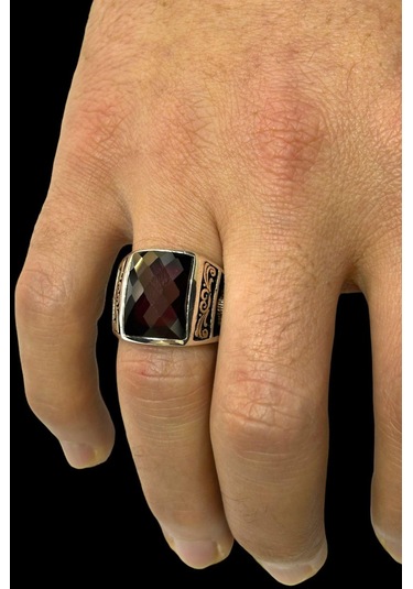 Erkek Yüzük 925 Ayar Kırmızı Taşlı Osmanlı Tuğralı Ve Armalı Gümüş Yüzük G714027