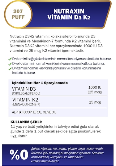 Nutraxin Vitals D3k2 30 Ml - 1000 Iu D3 Vitamini, 25 Mcg K2 Vitamini 207 Puf