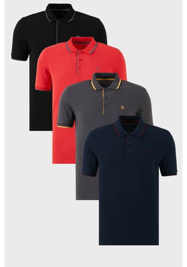 Buratti Pamuklu Slim Fit Şerit Detaylı Düğmeli Polo Yaka 4'Lü Paket Erkek T Shirt 5902118S4 Siyah-Kırmızı-Antrasit-Lacivert-Bordo
