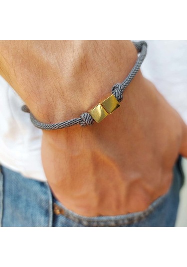 Altınbeyı İki Küplü Gri İpli Altın Erkek Bileklik 14 Ayar Sarı Altın