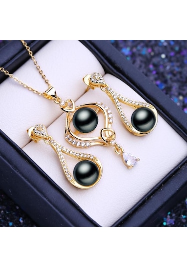 Siyah Lsooyh Doğal Tatlı Su İncisi Kolye Kübik Zirkonya Çiçek Küpe Kadınlar İçin İnci Takı Setleri Siyah