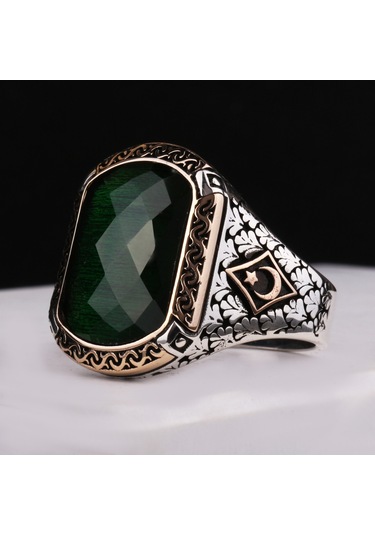 Fkgümüş Ay Yıldız Motifli Yeşil Faset Taşlı Erkek Gümüş Yüzük Silver