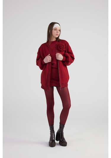 Holly Lolly Oversize Çıkarılabilir Gül Detaylı Astarlı Alexa Bomber Ceket Bordo