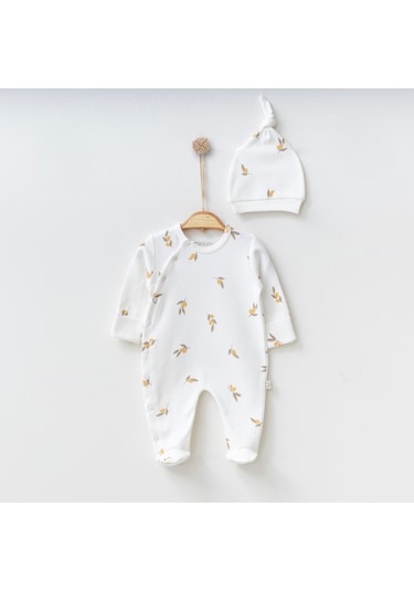 O'Baby %100 Organik Pamuk Zeytin Desenli Tulum Beyaz