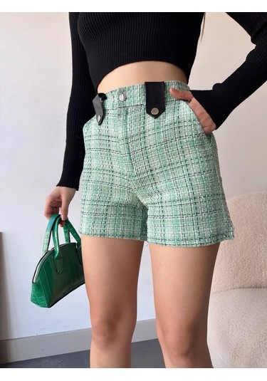 Biçomi Çıtçıtlı Siyah Köprü Tüvit Şort Yeşil Yeşil