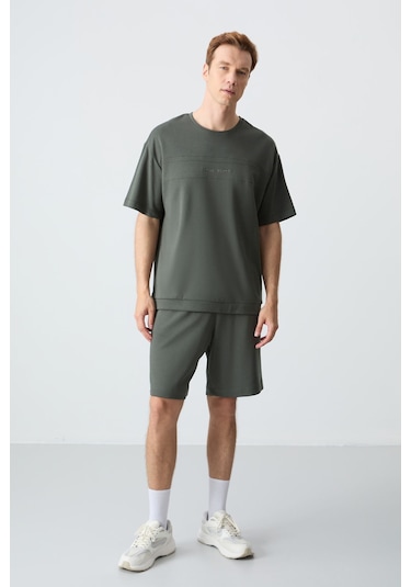 Haki Pamuklu Kalın Yumuşak Dokulu Oversize Fit Basic Erkek Şort Takım - 85257