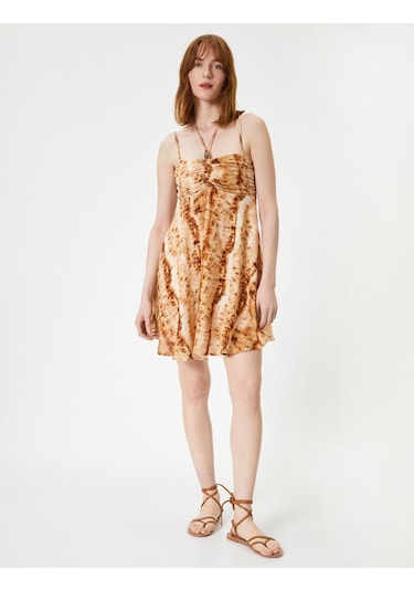 Koton Mini Elbise Boyundan Bağlamalı Askılı Boncuklu Viskon Keten Karışımlı Kahverengi Desenli 4sak80302ew Koton Mini Elbise Boyundan Bağlamalı Askılı Boncuklu Viskon Keten Karışımlı Kahverengi Desenli 4sak80302ew