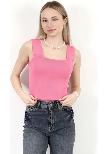 Giysa Kadın Kare Yaka Kalın Askılı Basic Triko Bluz Pembe - 2000