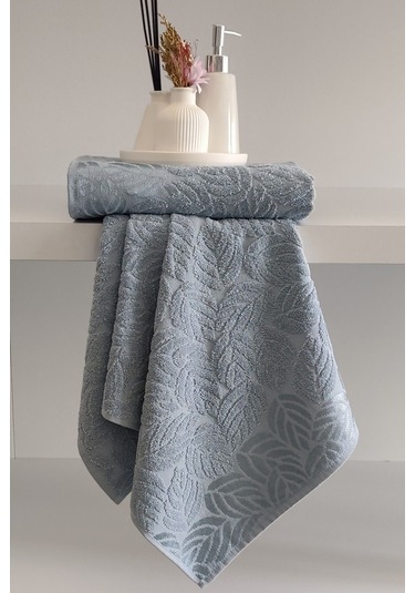 2'li Jakarlı Yaprak Desenli %100 Pamuk El Yüz Havlusu-50x90cm Acıkmavı Açık Mavi