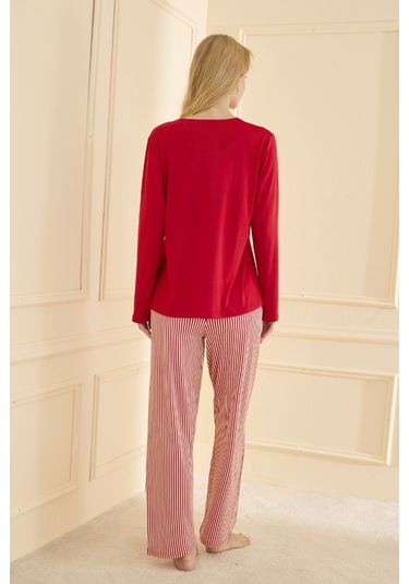 Mihra Kadın Pijama Takımı Uzun Kol Mevsimlik Kırmızı