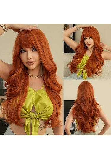 Yeni Turuncu Peruk Patlama Uzun Kıvırcık Saç Düz Patlama Diğer