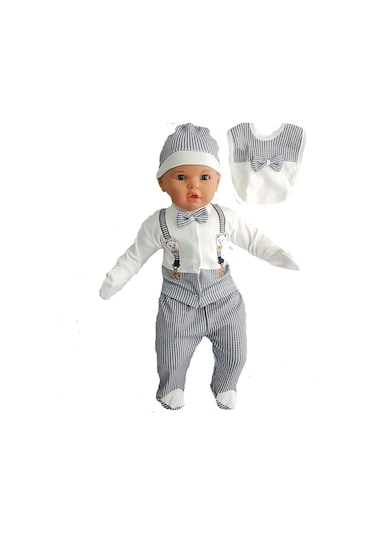 Bombinoo Lacivert Papyonlu Ayıcıklı 5 Parça Lüks Erkek Askı Detaylı Hastane Çıkışı Zıbın Set Lacivert