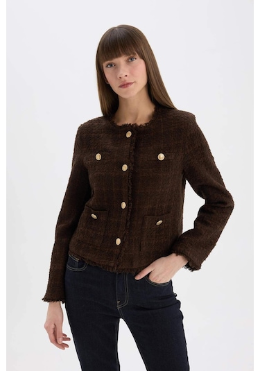 Defacto Regular Fit Bisiklet Yaka Tweed Blazer Ceket D8460ax24aubn298 Kahve