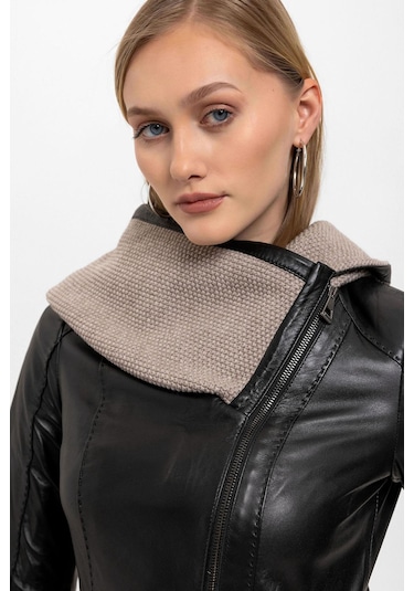 Siyah Julia Triko Kapüonlu Kemerli Hakiki Kadın Deri Kaban-siyah Siyah