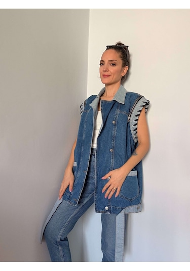 Ali Butik Mavi Oversize Tasarım Denim Yelek Mavi