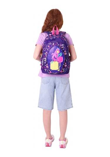 Kaukko Kids Üç Gözlü Kız Çocuk Okul Sırt Çantası Flamingo Detaylı - L5223 Mor - Pembe