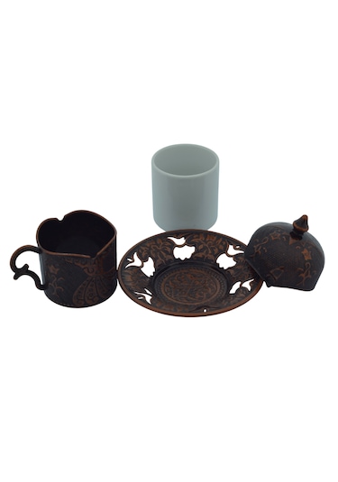 Semazen 6 Kişilik Porselenli Kapaklı Bakır Renkli 24 Parça Fincan Seti Bakır