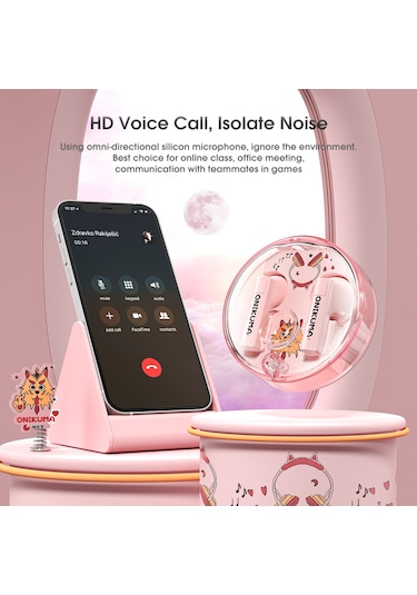 Onıkuma T301 Şeffaf Karikatür Kablosuz Bluetooth Kulaklık Pembe