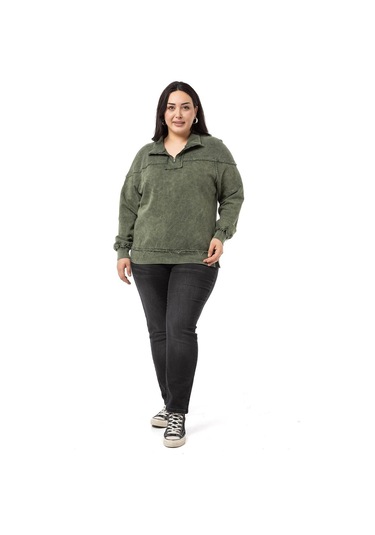 Büyük Beden Pis Dikişli Fermuarlı Yırtmaçlı Parça Boyalı Haki Sweatshirt-haki Haki