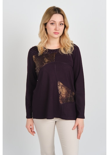 Detay Triko Kadın Boncuk İşlemeli Parlak Desenli Uzun Kol Anne Bluz 5744 Mürdüm Mürdüm